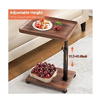 gaomon C-Shaped Adjustable Height End Table, 360degree(s) Swivel Tv Tray with Wheels, Wood and Metal Sofa Table for Living Room