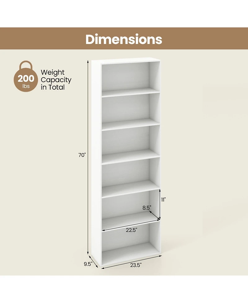 Gymax 6 Tier Bookshelf 70 Inch Tall Wooden Freestanding Storage Organizer with Open Shelves