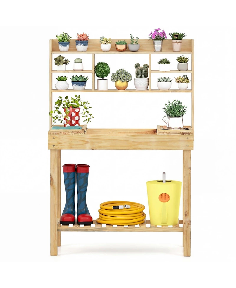 Sugift Wooden Potting Bench Table Garden Planting Workstation with 3-Tier Open Shelf