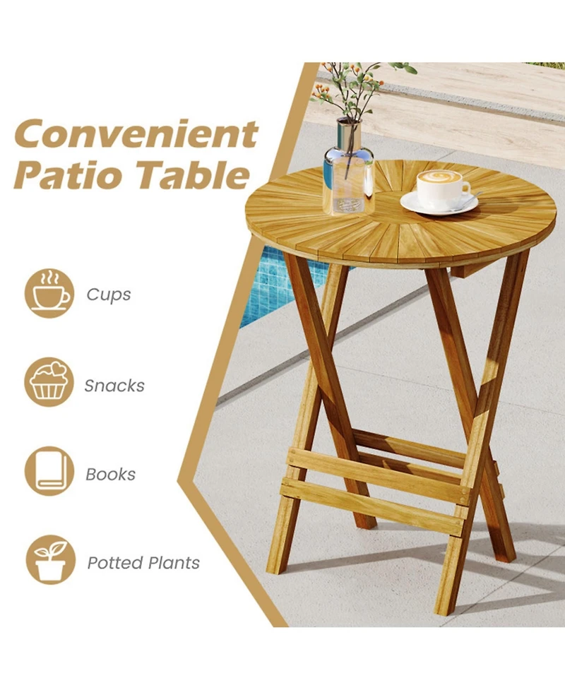 Clihome Patio Teak Wood Round Folding Side Table with Slatted Top & X-Frame, No Assembly Required