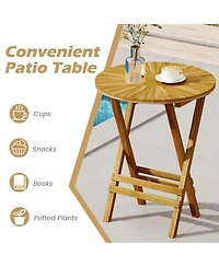 Clihome Patio Teak Wood Round Folding Side Table with Slatted Top & X-Frame, No Assembly Required