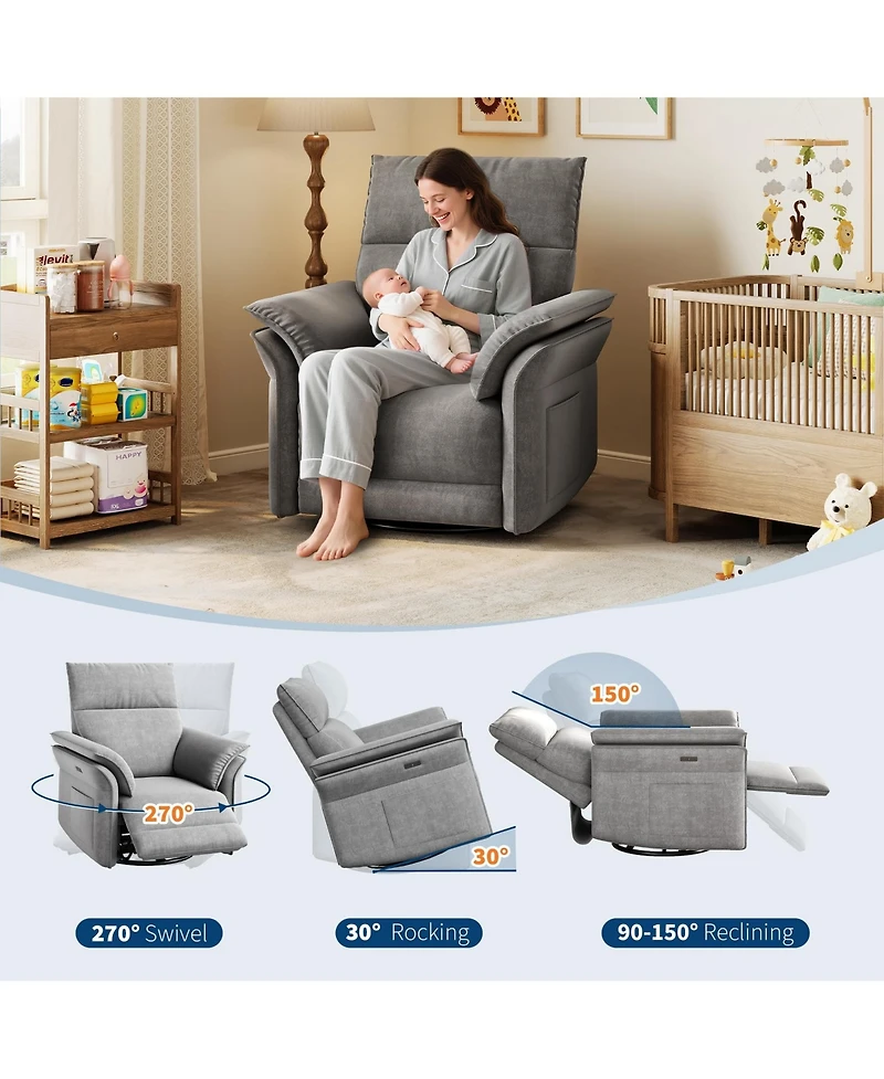 homfan Recliner Chair, 360degree(s) Swivel Rocker Glider Nursery Chair with Padded Armrest and Deep Seat, Pu Leather Upholstered Reclining Sofa