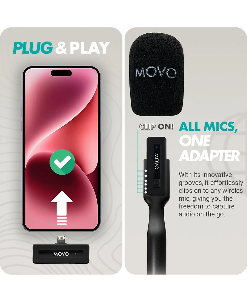 Movo Wireless Mini Di Duo Dual Ultra Compact Wireless Lavalier Microphones for iPhone with Handheld Adapter
