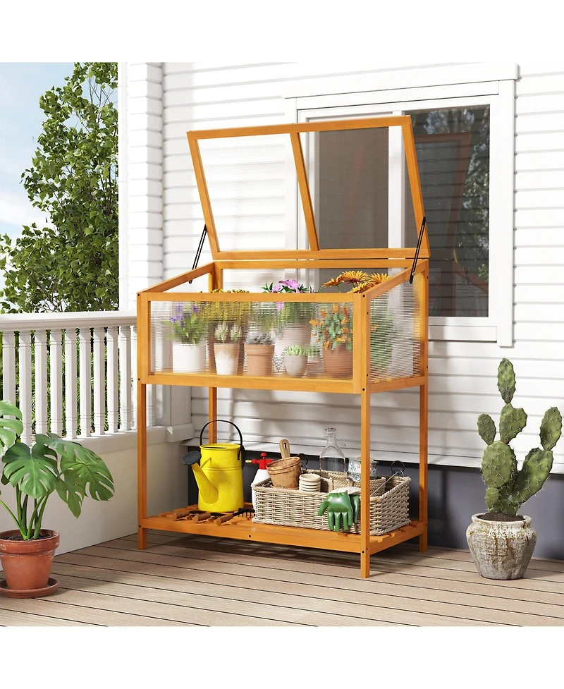 Sugift Wood Cold Frame Greenhouse with Transparent Openable Roof and Slatted Storage Shelf