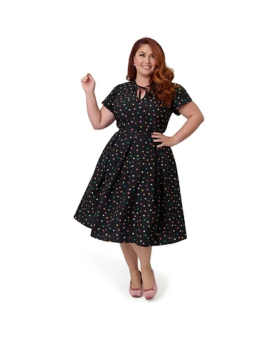 Unique Vintage Plus Short Petal Sleeve Tie Neck Dahlia Swing Dress