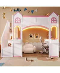 Streamdale Furniture Full Size Wood Castle Loft Bed with Storage, Desk, and Led Lights