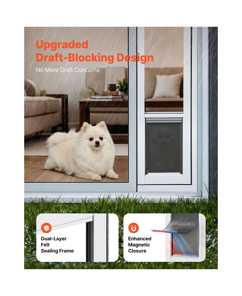 Cozito Dog Door for Sliding Glass Door Adjustable Height Medium Flap 180 Degree Swing, White