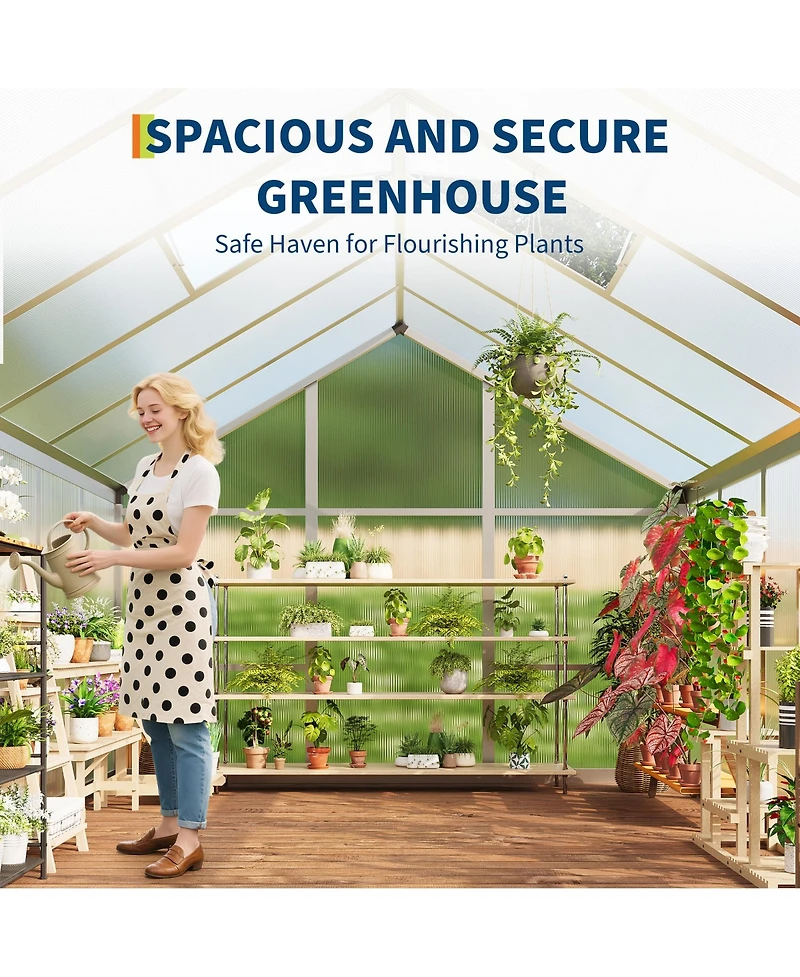 gaomon Outdoor Polycarbonate Greenhouse, Walk-In Hobby Greenhouse with Sliding Doors, Adjustable Roof Vent and Aluminum Frame