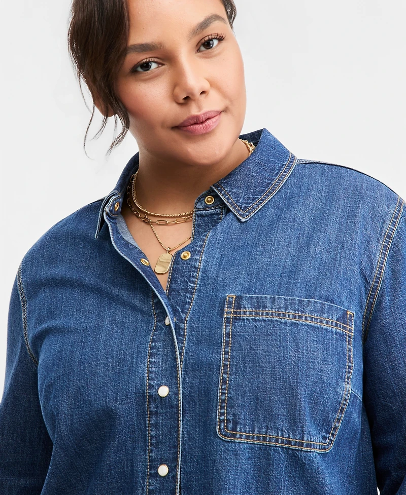 On 34th Trendy Plus Long-Sleeve Cropped Denim Shirt, Macy's Exclusive