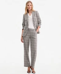 Anne Klein Womens Check Notch Collar Scrunch Sleeve Jacket Pleated Cowl Neck Sleeveless Top Check Mid Rise Wide Leg Pants