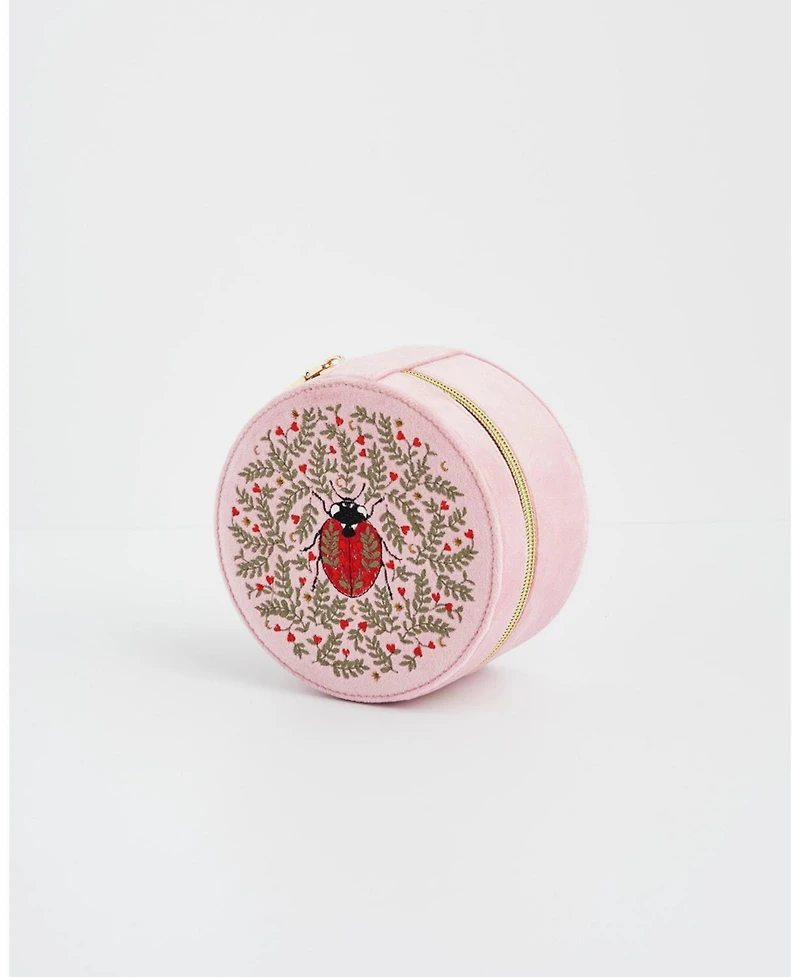 Fable England Women's Ladybird Velvet Embroidered Circle Jewellery Box