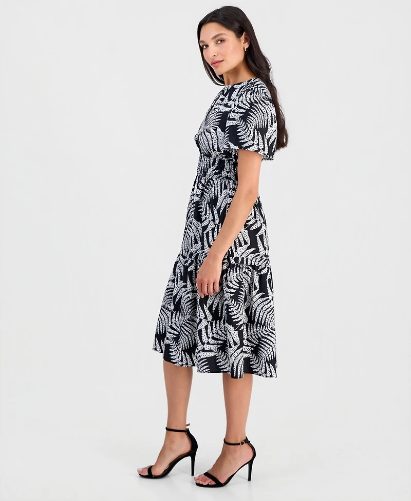 Robbie Bee Women's Printed Smocked-Waist Short-Sleeve Midi Dress
