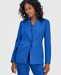 Kasper Womens Collarless One Button Jacket Printed Cowl Neck Cap Sleeve Top Textured High Rise Straight Leg Trousers Regular Petite
