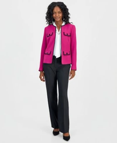 Kasper Collarless Contrast Piping Jacket Embellished Neck Tie Top Ava Straight Leg Pants