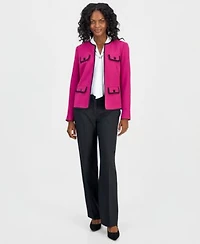 Kasper Collarless Contrast Piping Jacket Embellished Neck Tie Top Ava Straight Leg Pants
