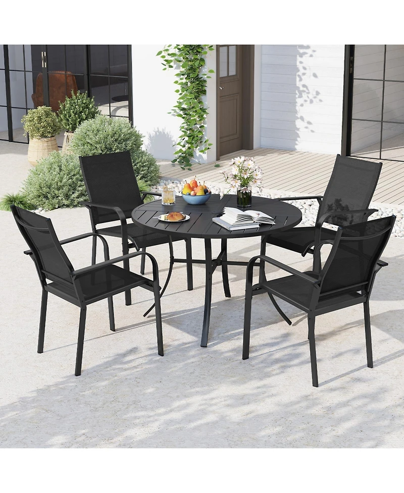 Gymax 5-Piece Patio Dining Set for 4Round Metal Table w/ Umbrella Hole and 4 Stackable