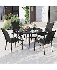 Gymax 5-Piece Patio Dining Set for 4Round Metal Table w/ Umbrella Hole and 4 Stackable