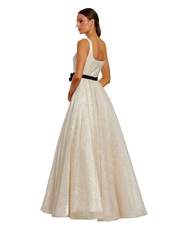 Mac Duggal Women's Polka Dot Organza Square Neck Ballgown with Velvet Bow
