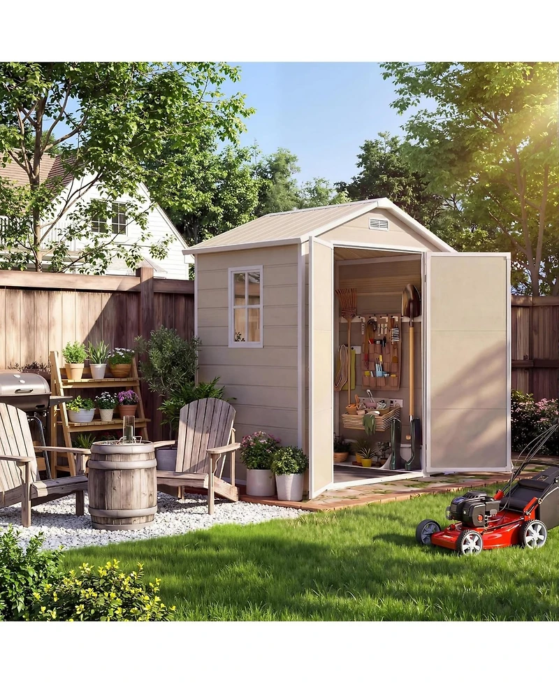 gaomon Plastic Outdoor Storage Shed with Floor and Window, Resin Garden Shed with Lockable Door, Double Wall Panels, Vents and Sloped Roof