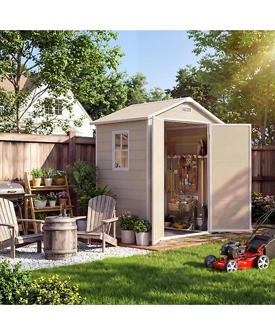 gaomon Plastic Outdoor Storage Shed with Floor and Window, Resin Garden Shed with Lockable Door, Double Wall Panels, Vents and Sloped Roof
