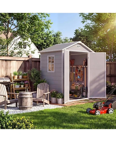 gaomon 6x4 Feet Plastic Outdoor Storage Shed with Floor and Window, Resin Garden Shed with Lockable Door, Double Wall Panels, Vents and Sloped Roof