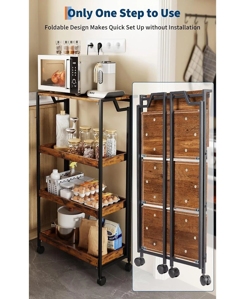 gaomon Large 4-Tier Collapsible Wooden Storage Shelf with Locking Wheels 100 lbs Capacity No Assembly Required Space-Saving Organizer