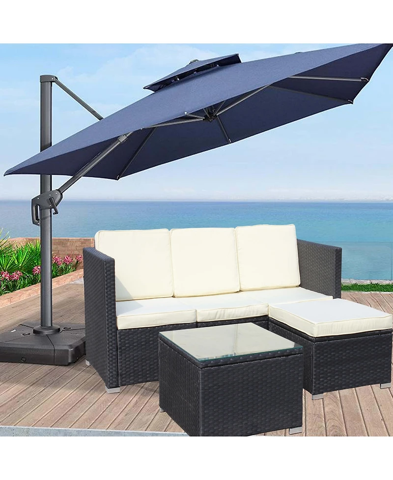Clihome 5 Piece Pe Rattan Patio Furniture Set, Outdoor Wicker Sectional Sofa with Cushion, Tempered Glass Coffee Table and Ottoman