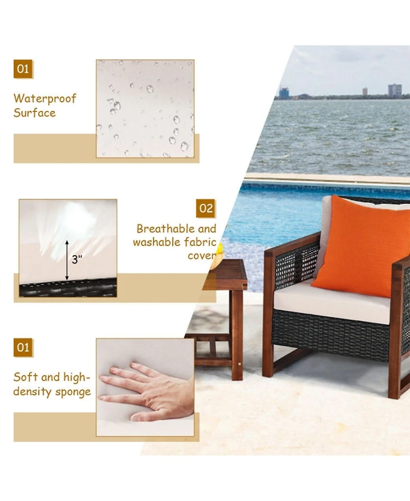 Clihome 3 Pieces Acacia Wood Patio Furniture Set with Coffee Table and Cushions