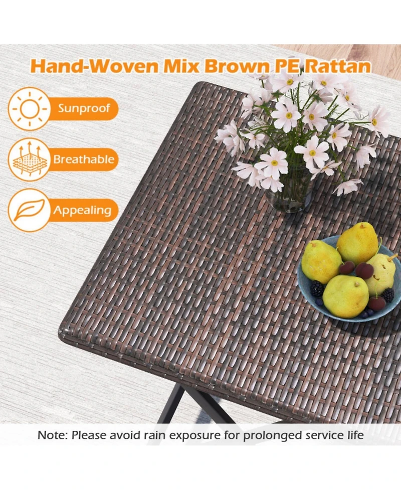 Clihome 3 Piece Rattan Bistro Set Outdoor Folding Dining Table and Chairs with Wicker Seat