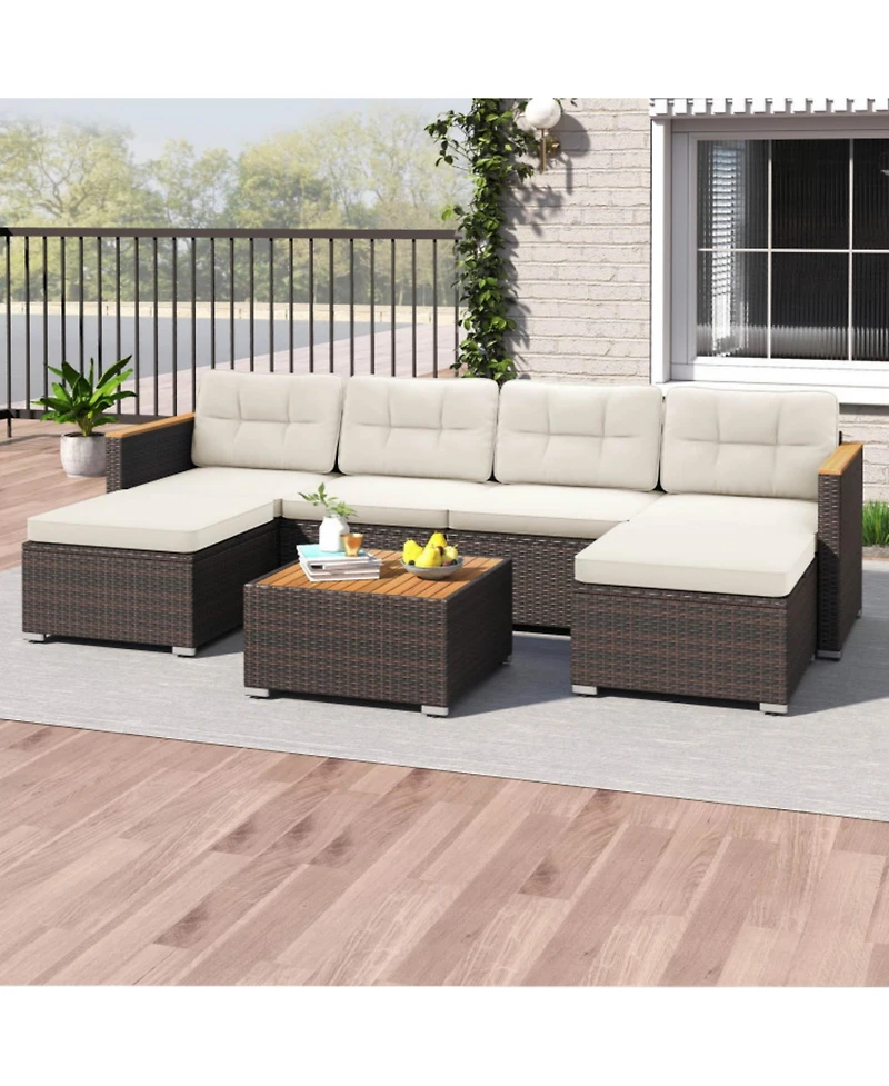 Clihome 7 Pieces Wicker Conversation Set with Wood Armrests for Backyard