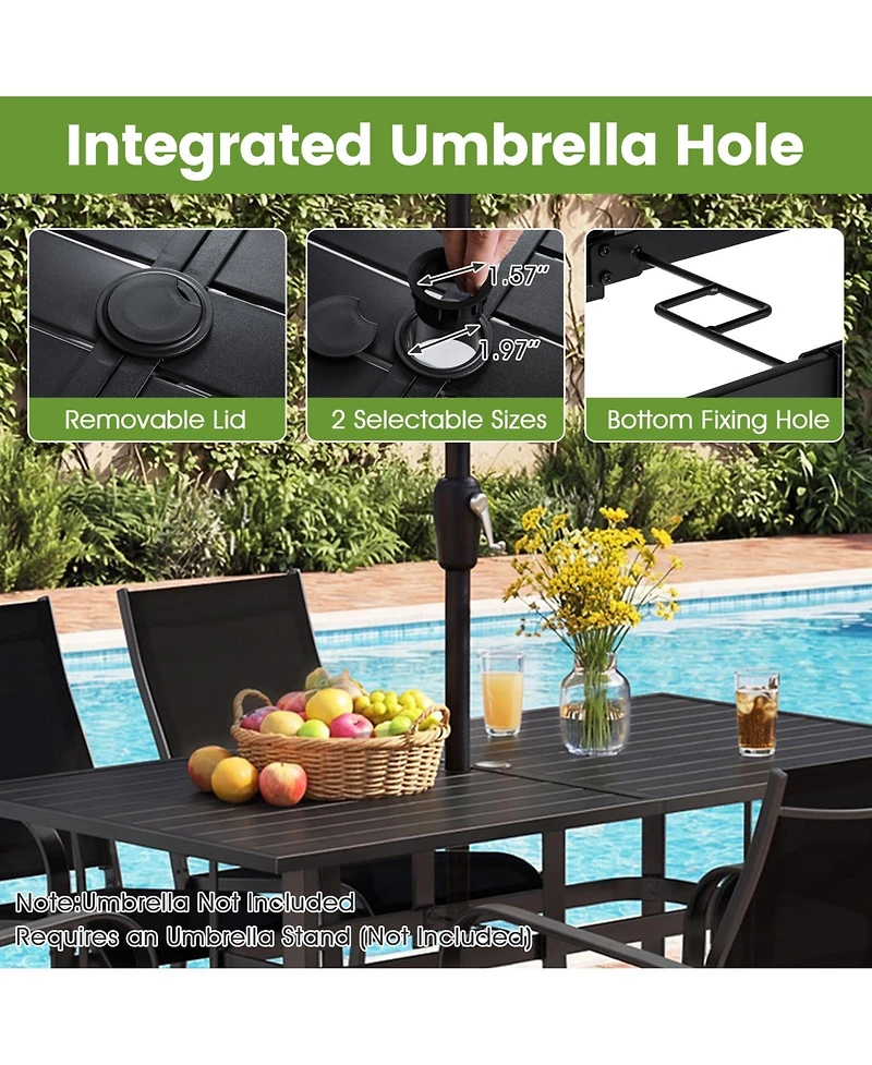 Gymax 7PCS Patio Dining Set for 6 Metal Table w/Umbrella Hole and 6 Stackable Armchairs