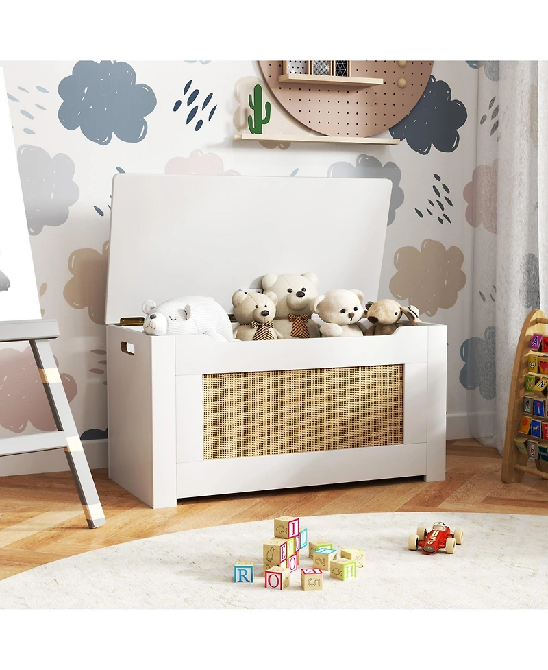 Slickblue Kids Rattan Toy Storage Box with Flip Top Lid and Safety Hinge Handles