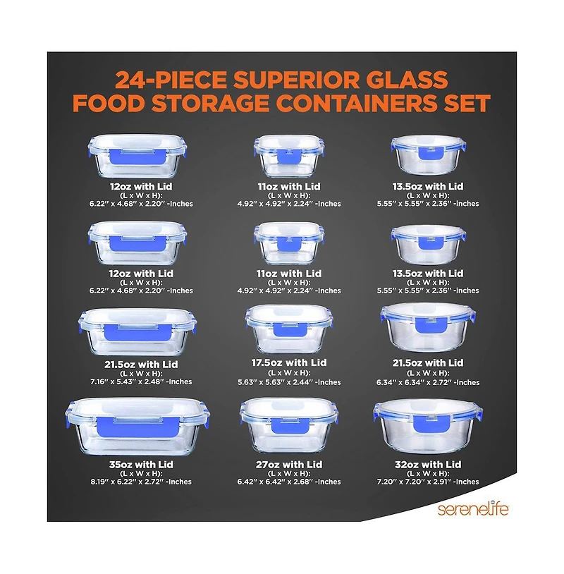 SereneLife 24-Piece Superior Glass Food Storage Containers with Bpa-Free Lids