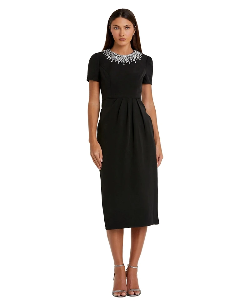 Mac Duggal Petite Rhinestone Embellished Short Sleeve Sheath Dress