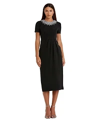 Mac Duggal Petite Rhinestone Embellished Short Sleeve Sheath Dress
