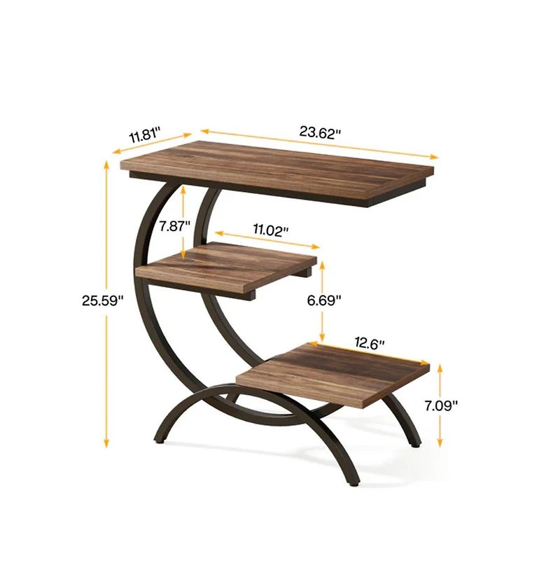 Slickblue C Shaped End Table with 3 Tier Storage for Small Spaces