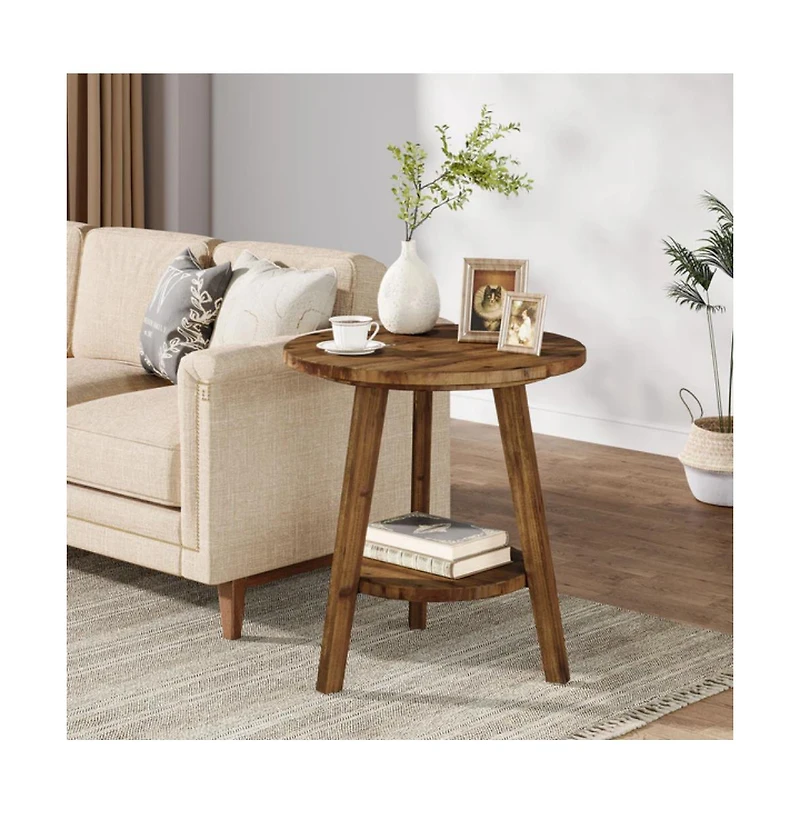 Slickblue Rustic Solid Wood End Table with Round Top and Storage Shelf