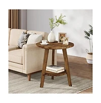 Slickblue Rustic Solid Wood End Table with Round Top and Storage Shelf