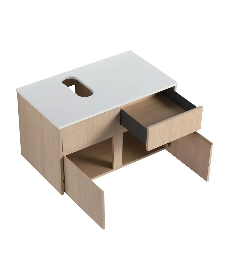 Sillysis Inch Wall Mounted Bathroom Vanity with Ceramic Sink, Storage Drawers and Wood Grain Finish for Modern Bathrooms