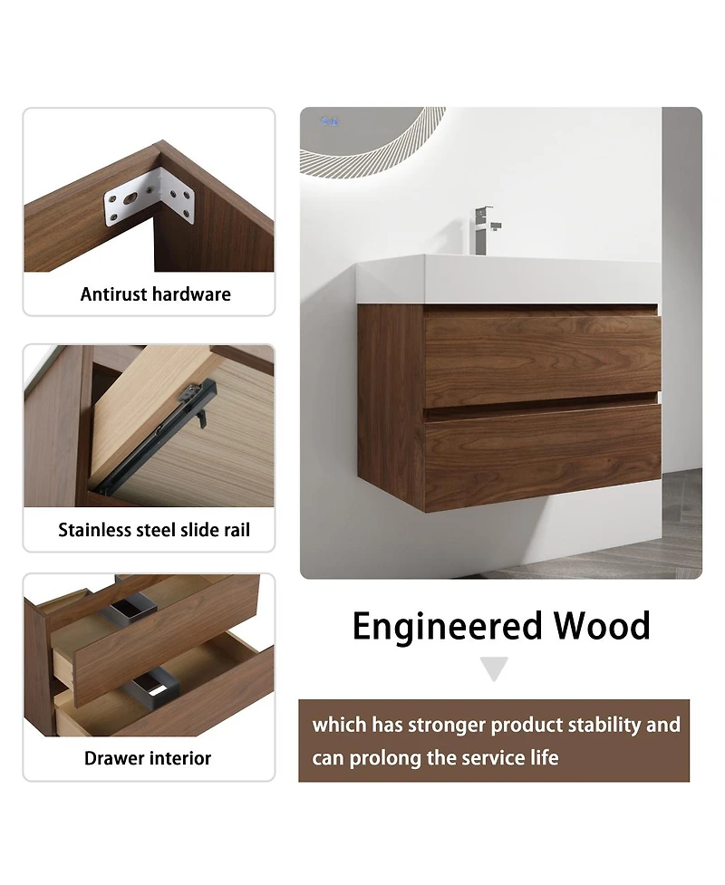 Sillysis Inch Wall Mounted Bathroom Vanity with Resin Sink, Soft Close Drawers