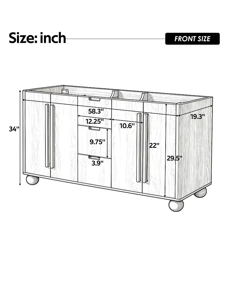 Sillysis 58 Inch Double Sink Bathroom Vanity Cabinet, Modern Wood Grain Freestanding, Soft Close Drawers, Cabinet Base Only