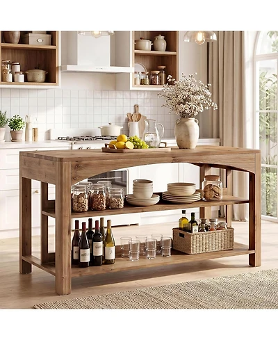 Tribesigns 3-Tier Solid Wood Kitchen Island, 59'' Stationary Island Table with Open Shelves, Large Prep Table