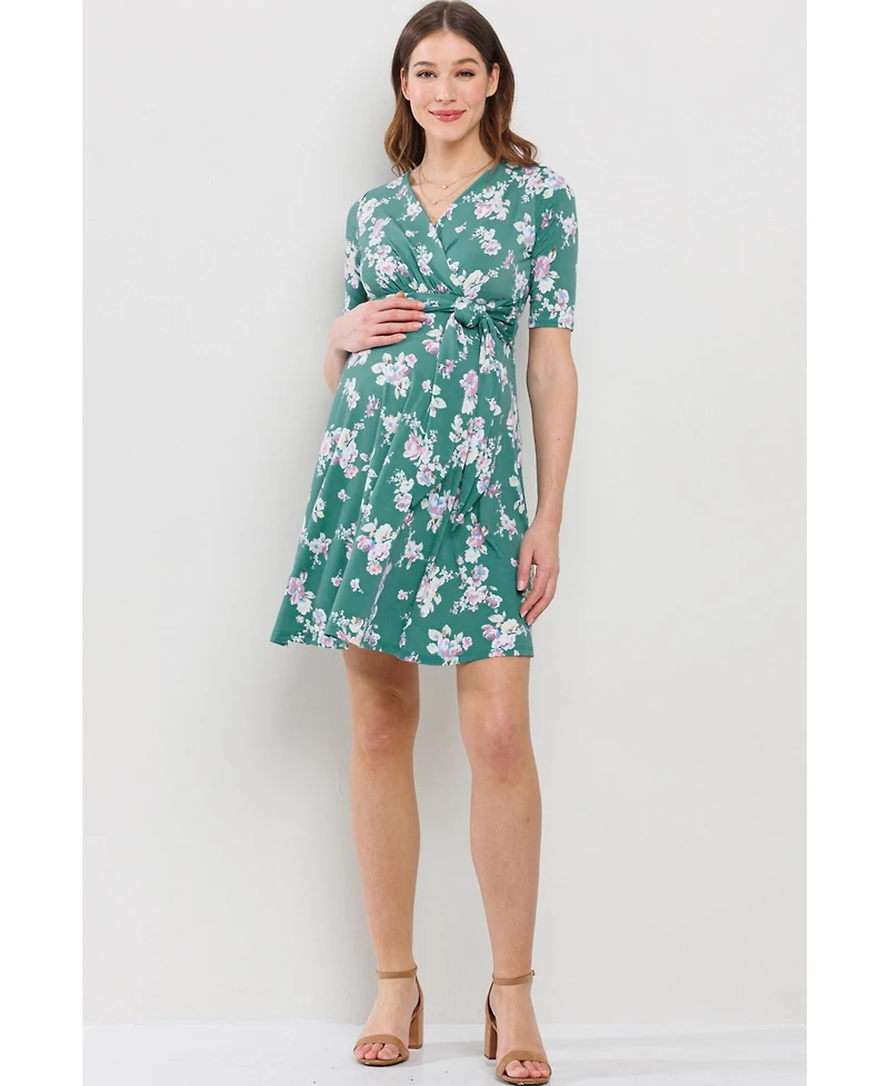 Hello Miz Maternity Floral V Neck Wrap Nursing Dress with Tie Waist
