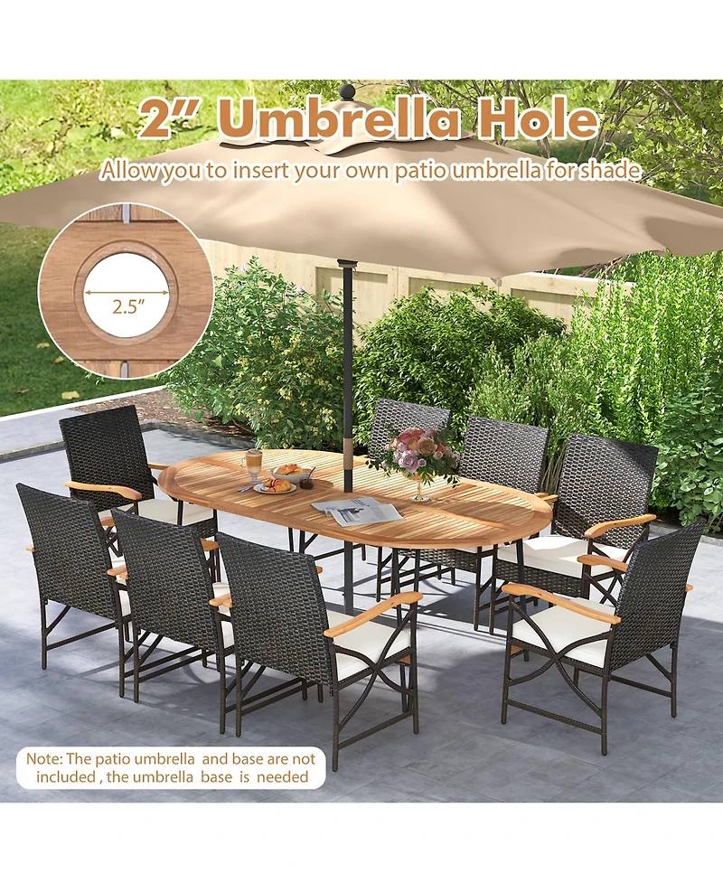 Gymax 9 Pcs Rattan Dining Set Acacia Wood Table and 8 Patio Wicker Armchairs Patio
