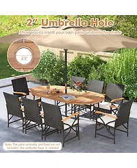 Gymax 9 Pcs Rattan Dining Set Acacia Wood Table and 8 Patio Wicker Armchairs Patio