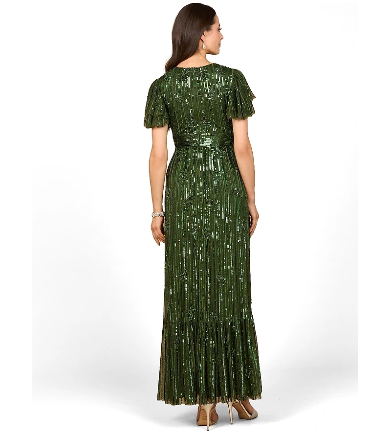 Lara Women's Elegant Beaded Gown with Flutter Sleeves