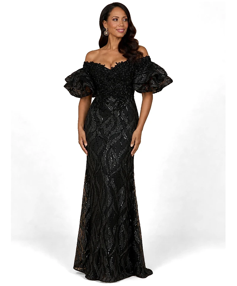 Lara Women's Illusion Neck, Long Bell Sleeve Gown