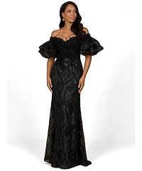 Lara Women's Illusion Neck, Long Bell Sleeve Gown