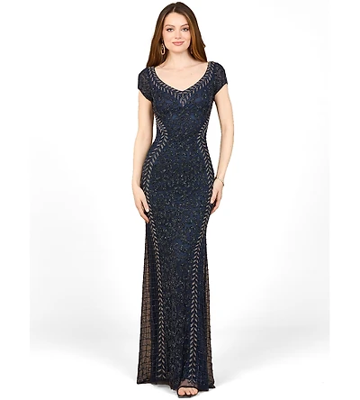Lara Women's Beaded Mermaid Cap Sleeve Gown