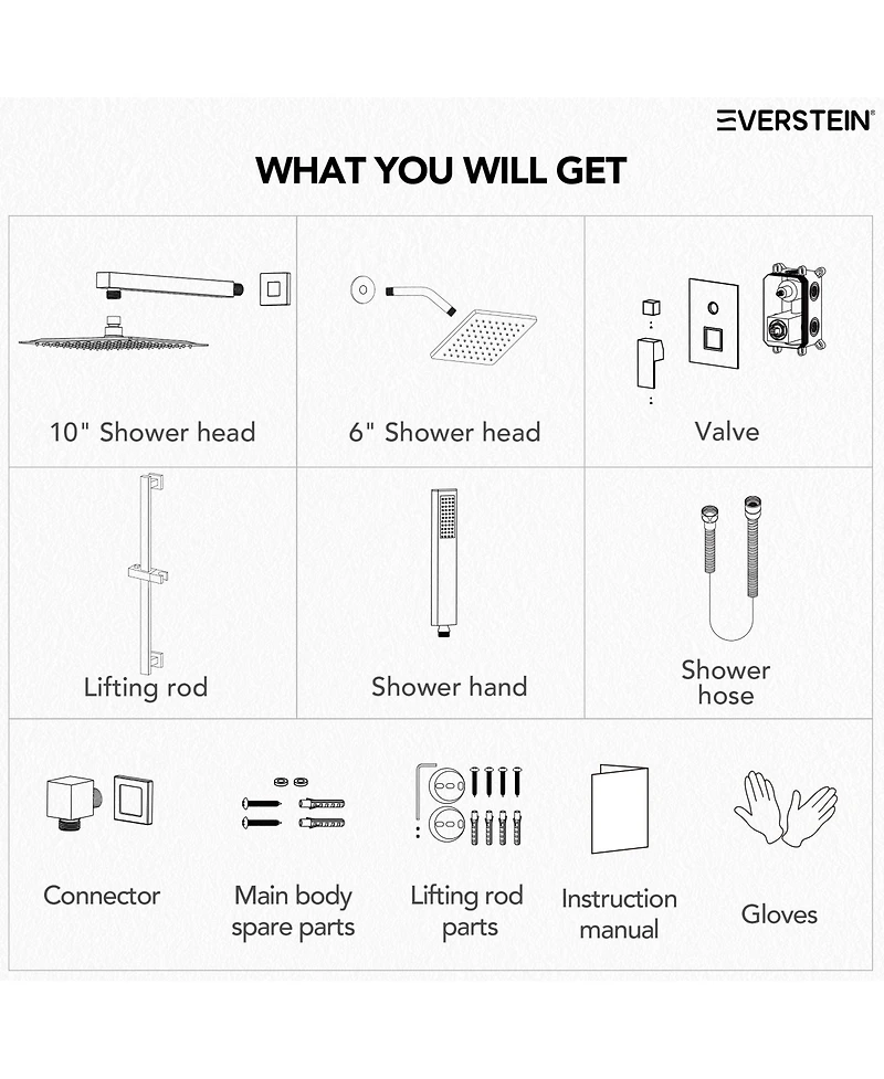 Everstrein 10" High-Pressure Rainfall Shower Faucet with Handheld Spray and Slide Bar Wall Mount Dual Head System